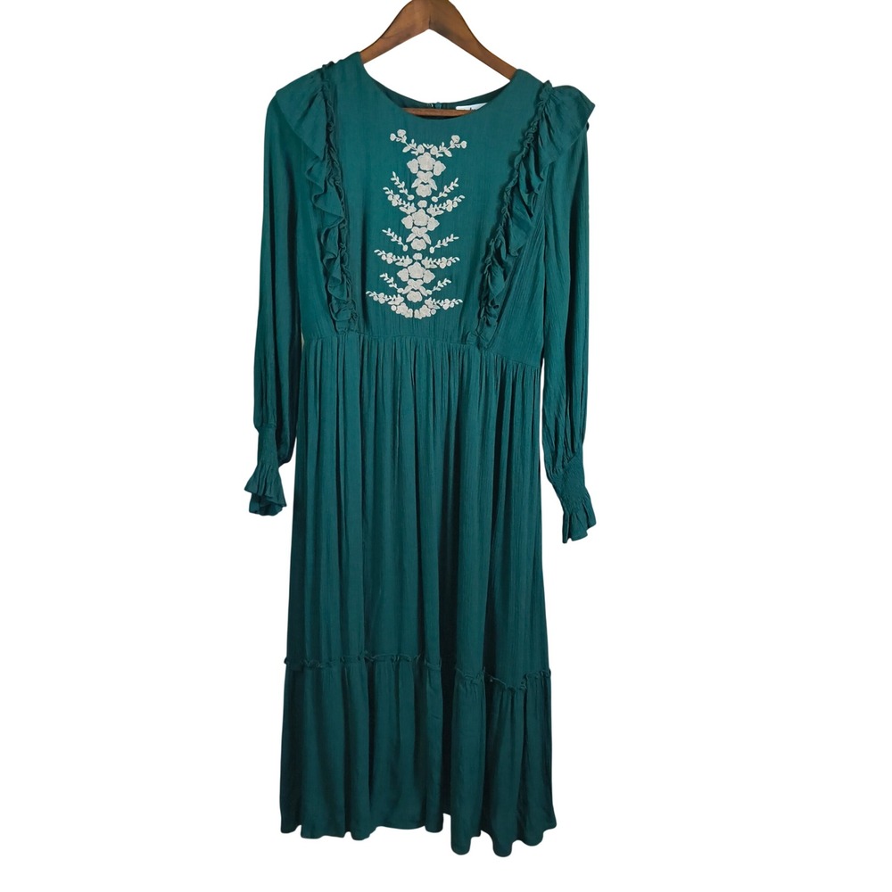In Loom Womens Forest Green Embroidered‎ Floral Ruffle Tiered Midi Dress Large